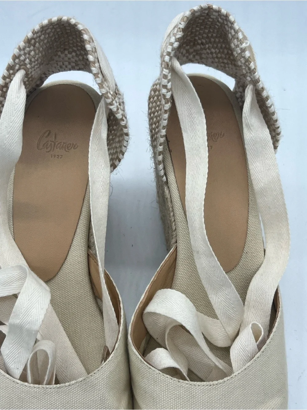 Castaner Cream Canvas Espadrille Wedge Sandals with Ankle Ties
